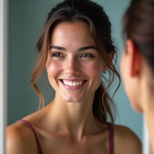 A person smiling confidently while looking in a mirror.