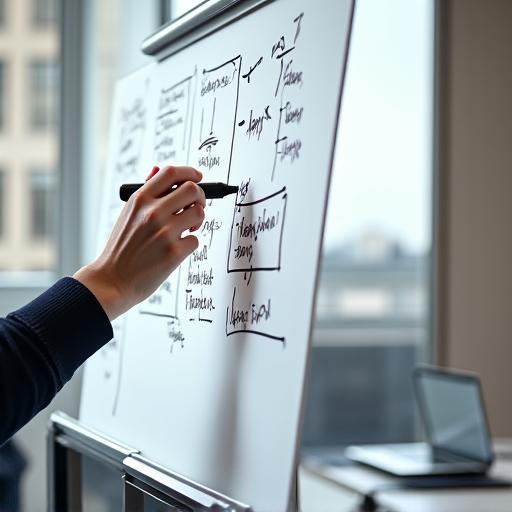 A person sketching out a presentation structure on a whiteboard.
