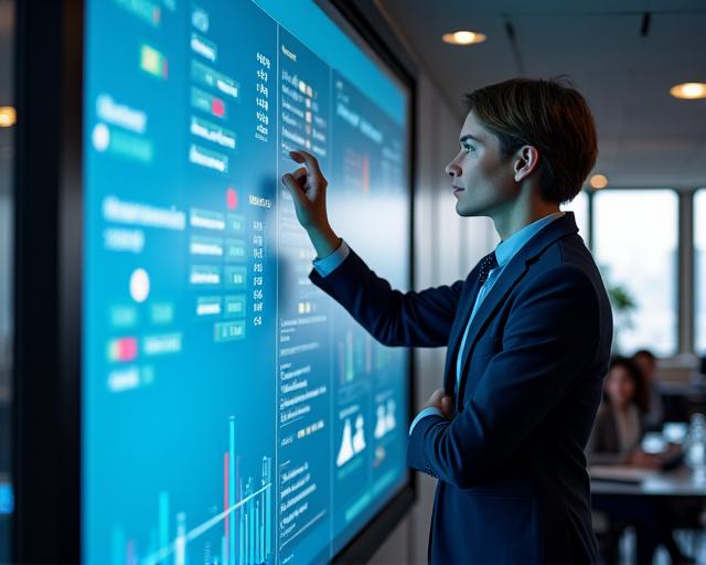 A professional using a large screen to deliver a data-driven presentation.