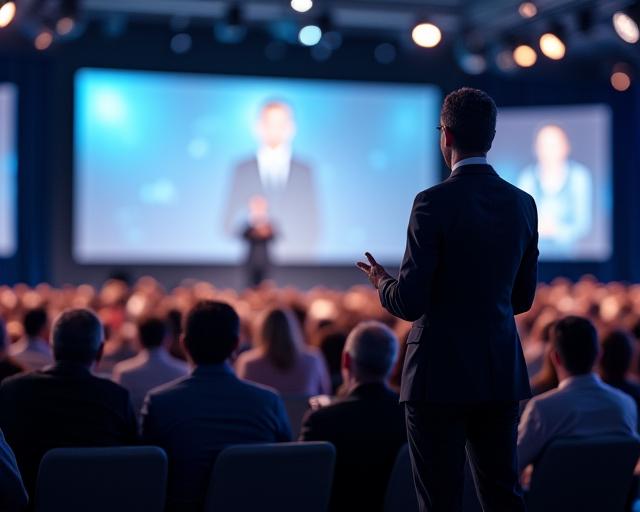 A confident speaker addressing an engaged audience at a conference.