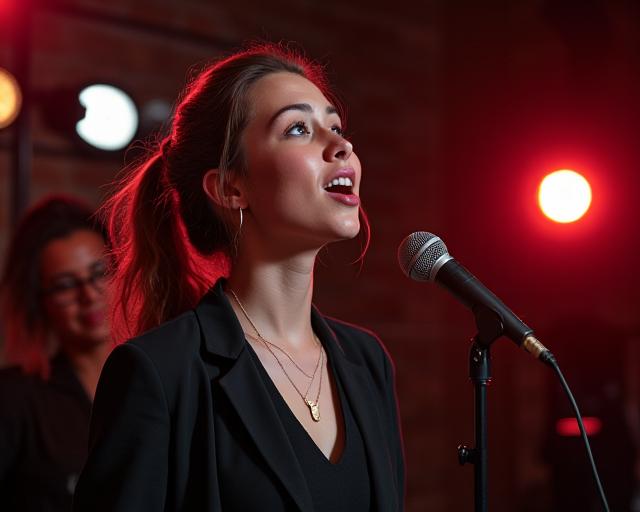 A drama student performing vocal exercises in a studio.
